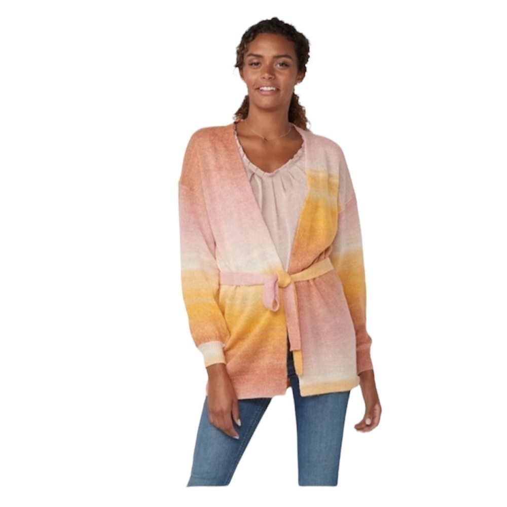 LC Lauren Conrad Womens Pink Yellow Ombre Belted Knit Cardigan Sweater Sz L New